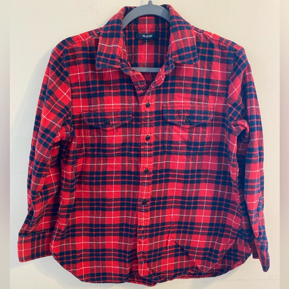 Womens Red Blue‎ Plaid Madewell Flannel Style Button Down Shirt Size Small